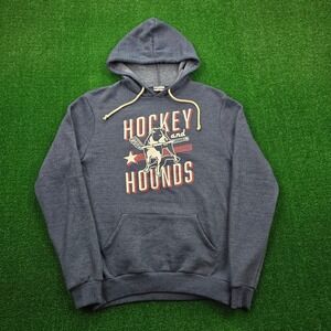 Hockey and Hounds Hoodie Mens Large Blue Pullover Sweatshirt Graphic Dog Print